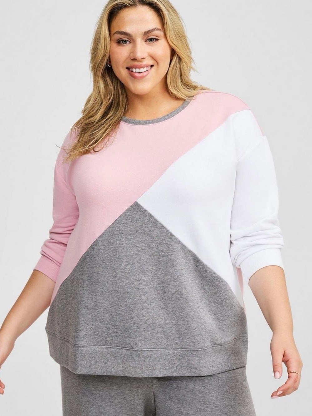 torrid Pink, White & Gray Diagonal Colorblock Crew Sweater
